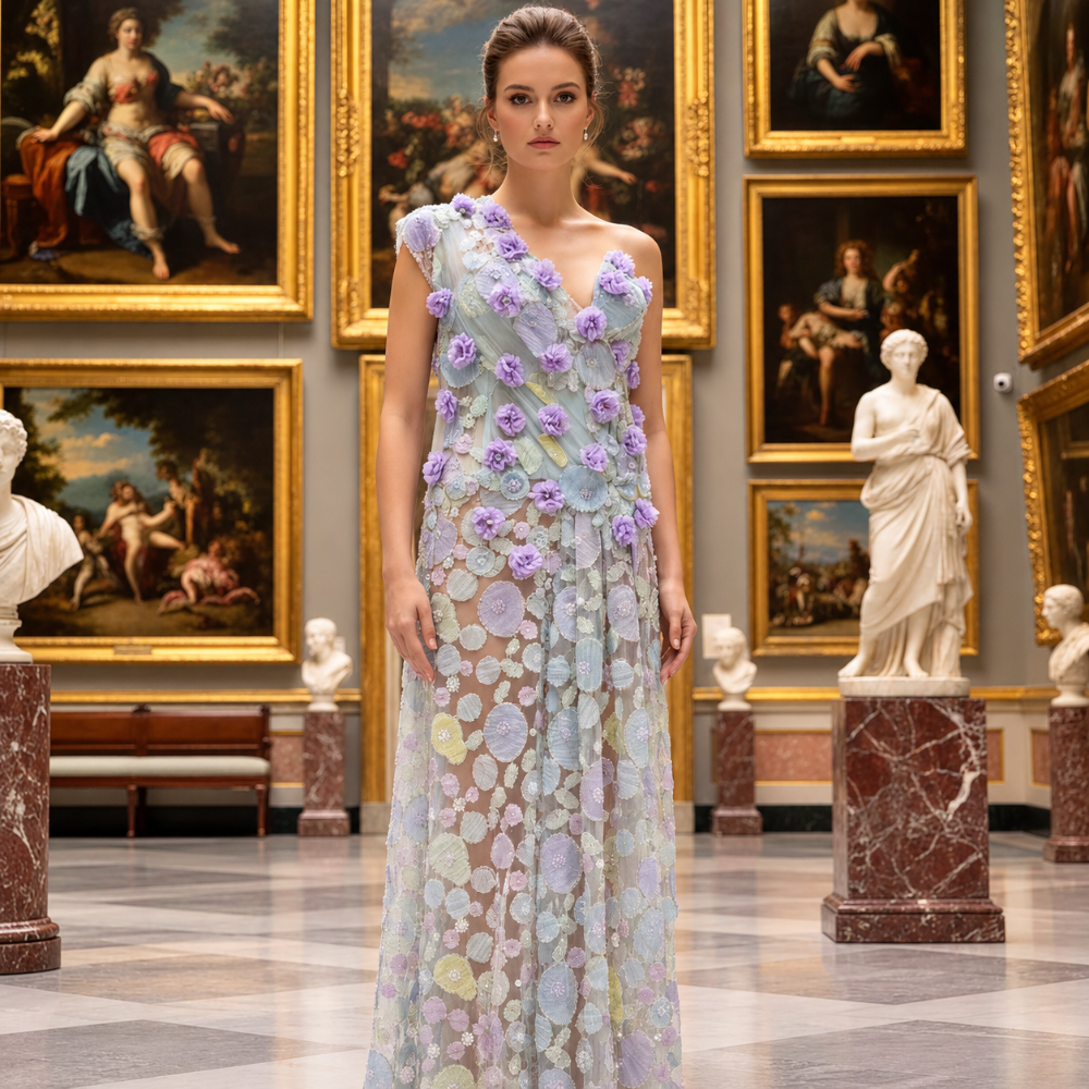Shop online from our exclusive website. Discover the Bluey light blue evening gown featuring embellished fabric, a one-shoulder neckline, fitted silhouette, and flowing floor-length skirt for galas and special occasions.