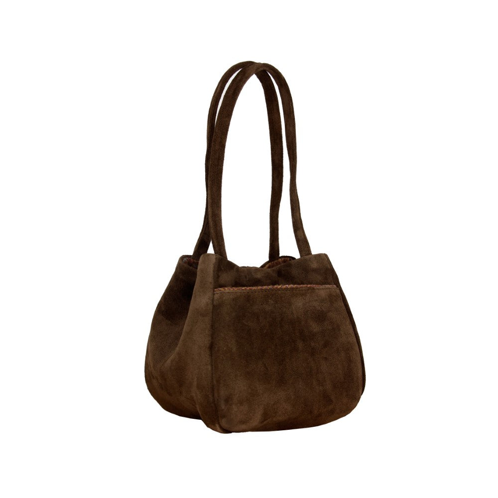 Experience chic beauty with Bombonera Brown Suede shoulder bag today Shop Now!
