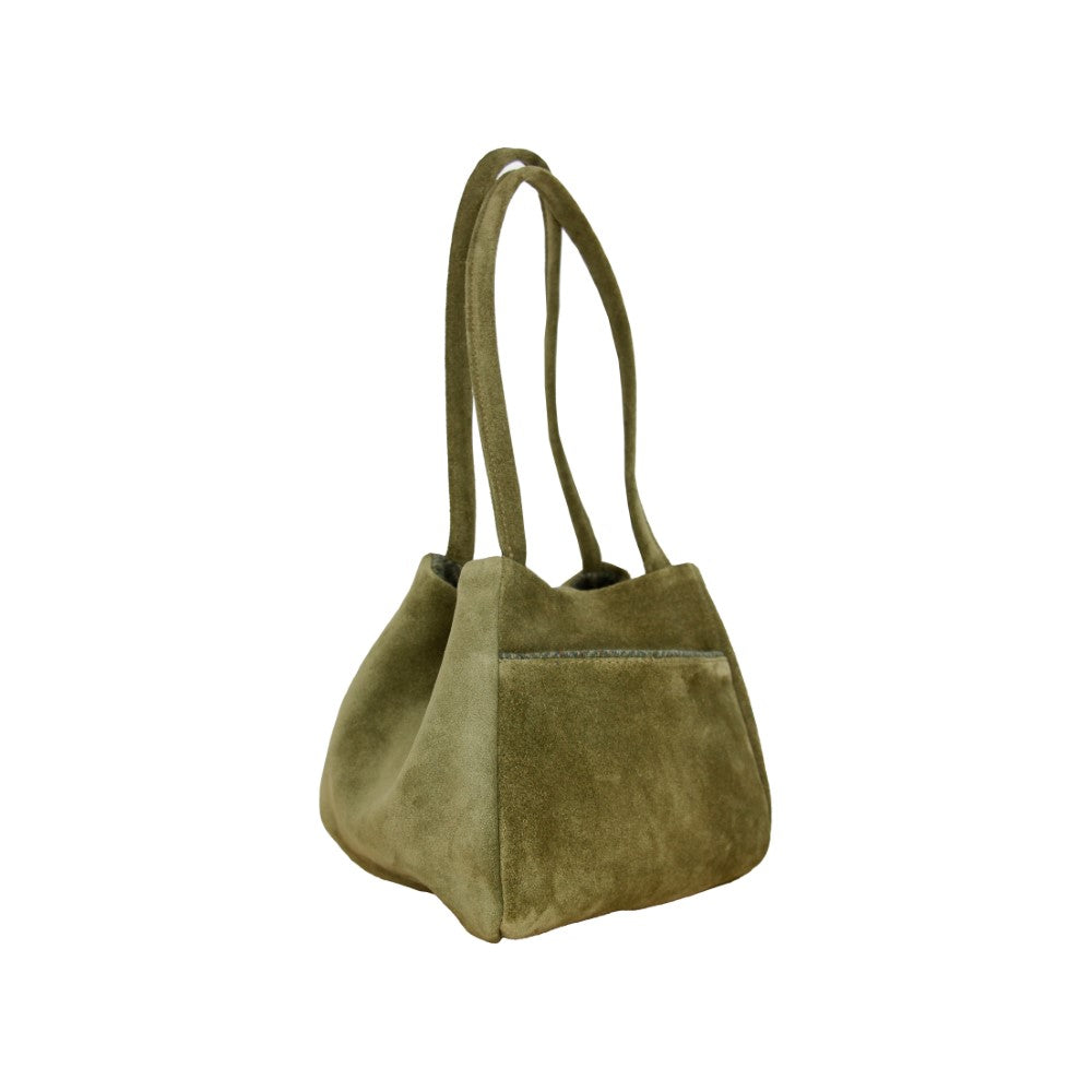 Timeless Bombonera Green Suede shoulder bag designed for graceful style Shop Now!