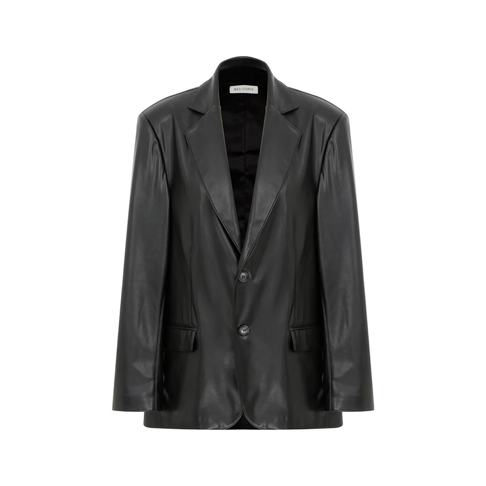 Boxy Oversize Vegan Leather Blazer in Noire