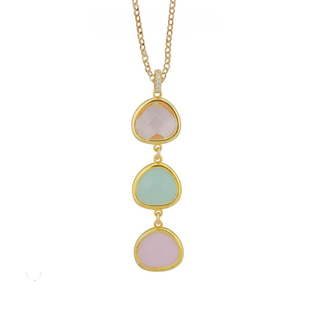Shop online premium gold necklace with milk white, aqua milk, purple crystals and cubic zirconia accents.