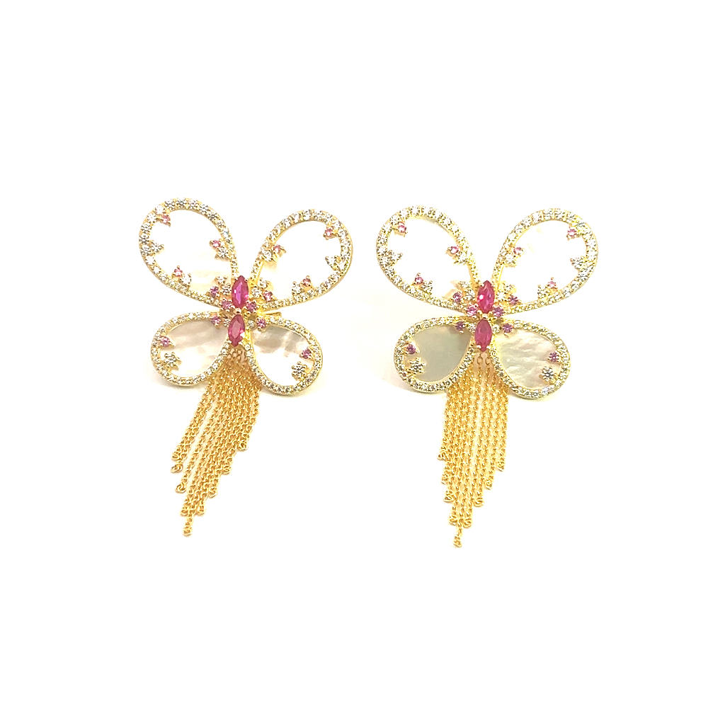 Shop online premium butterfly earrings with mother of pearl, sapphire, ruby and CZ stones.