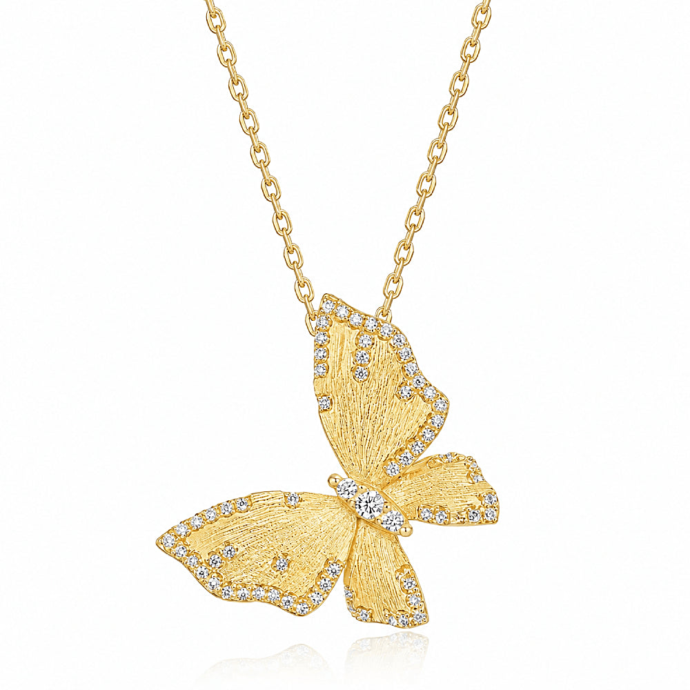Discover the Butterfly Reverie Gold Vermeil Necklace at The Luxe Maison, featuring a hand-brushed butterfly pendant crafted in S925 sterling silver with a luminous gold vermeil finish for a timeless, elegant look.