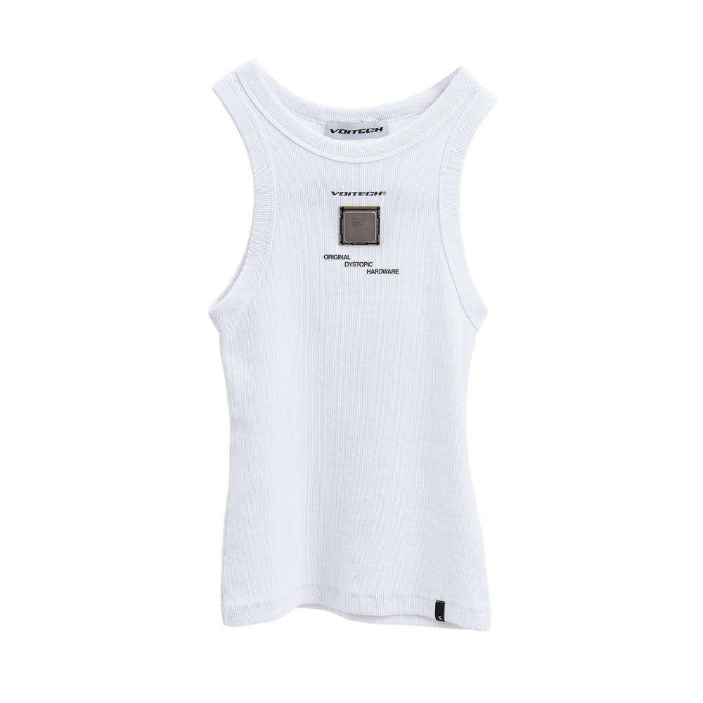 Shop online from our exclusive website and discover the CPU Ribbed Vest by Voitech®, featuring ribbed stretch cotton, embedded CPU hardware detailing, and a futuristic technical streetwear design.