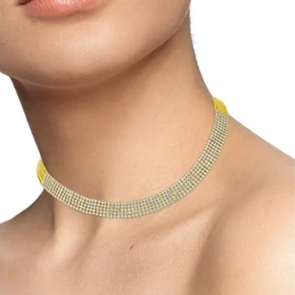 8 CTTW Round Pave Cubic Zirconia multi row choker necklace on ball chain. Lobster clasp closure.