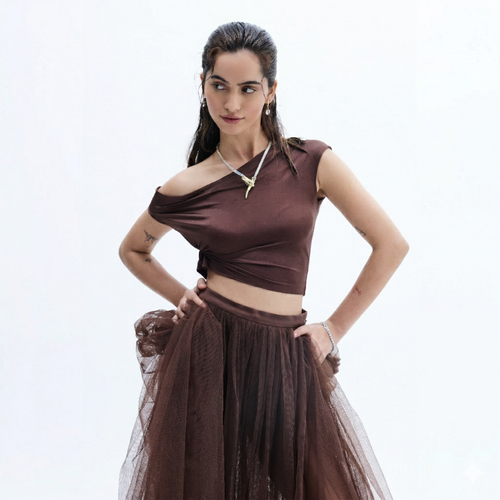 Ruffled net skirt with one shoulder top, perfect for brunch and day outings. Shop online from our exclusive collection of premium styles.
