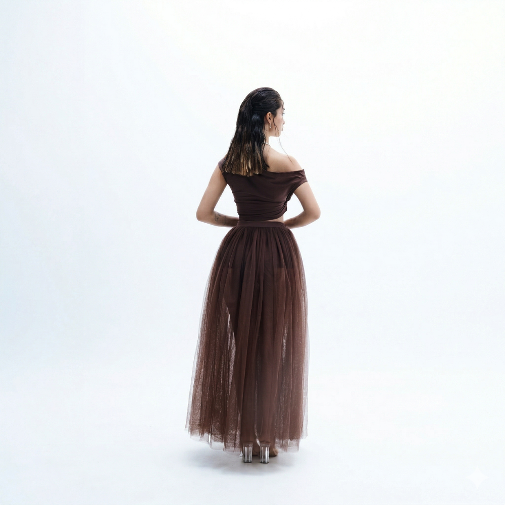 Ruffled net skirt with one shoulder top, perfect for brunch and day outings. Shop online from our exclusive collection of premium styles.