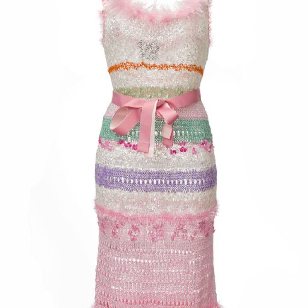 California multicolor handmade knit dress is spun from a soft silk-blend knit. 