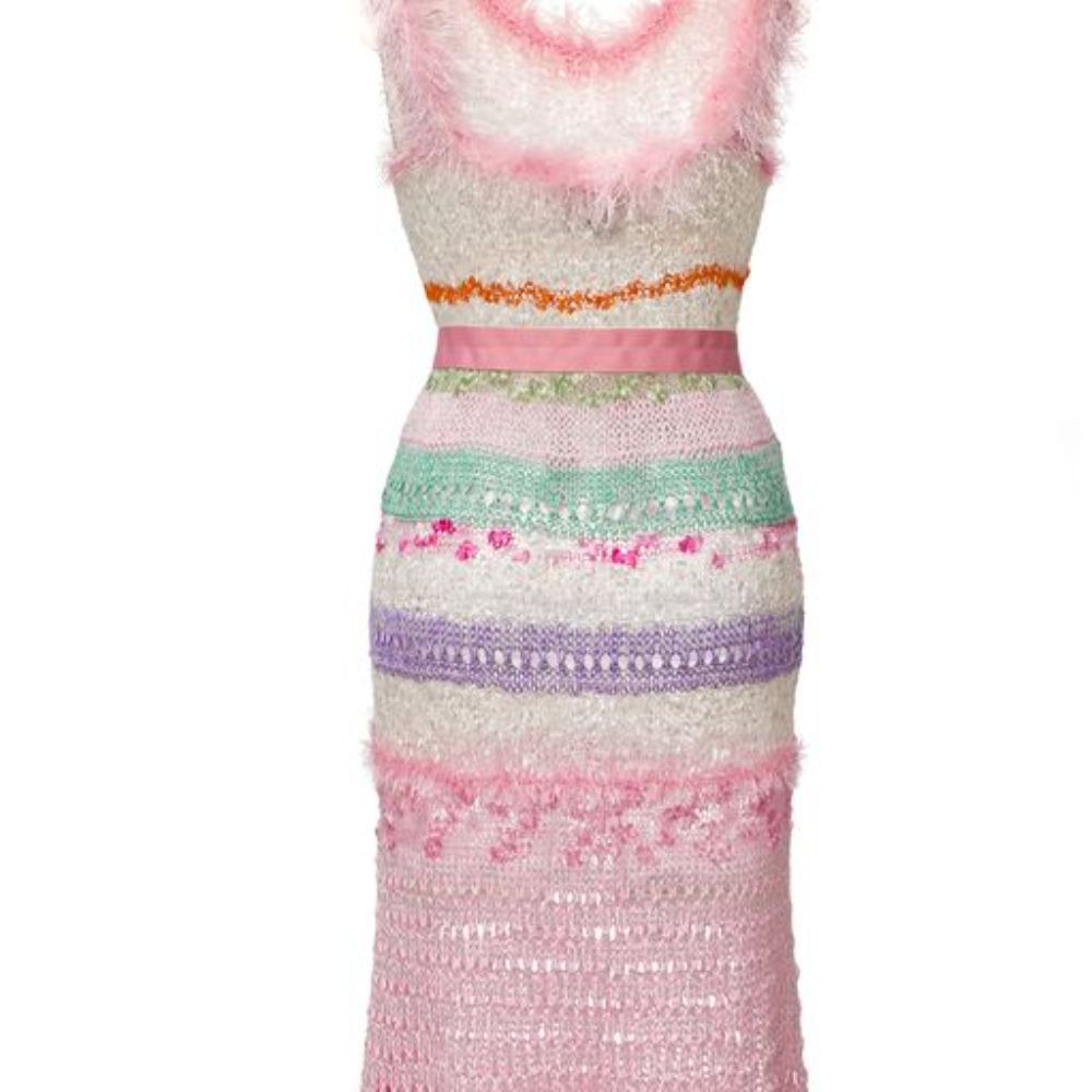 California multicolor handmade knit dress is spun from a soft silk-blend knit. 