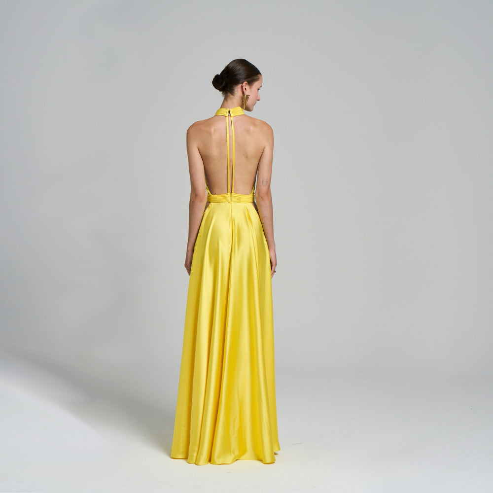 Cut out detailed .Low back .Rib belt detail .Flare cut .Satin fabric .Maxi dress