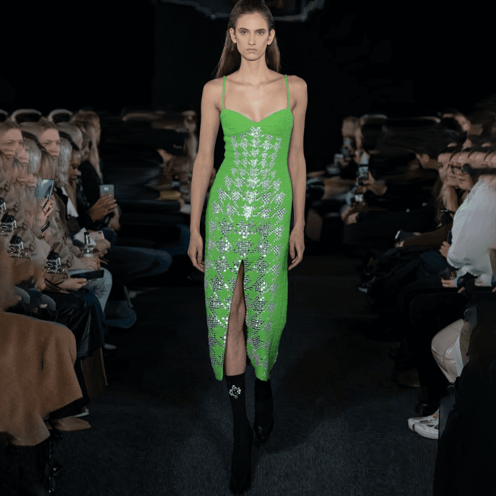 This green color spaghetti strap luxury midi dress, with silver embroidered.