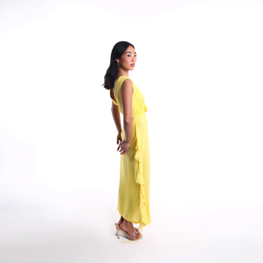 Canary yellow chiffon dress with V neck and pleats, perfect for brunch and events. Shop online from our curated edit of premium fashion.