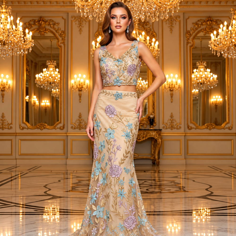 Shop online from our exclusive website. Discover the Carina Floral Embroidered two-piece gown featuring floral embroidered fabric, a sleeveless round neckline, champagne-gold top, and flowing floor-length skirt for weddings and special occasions.