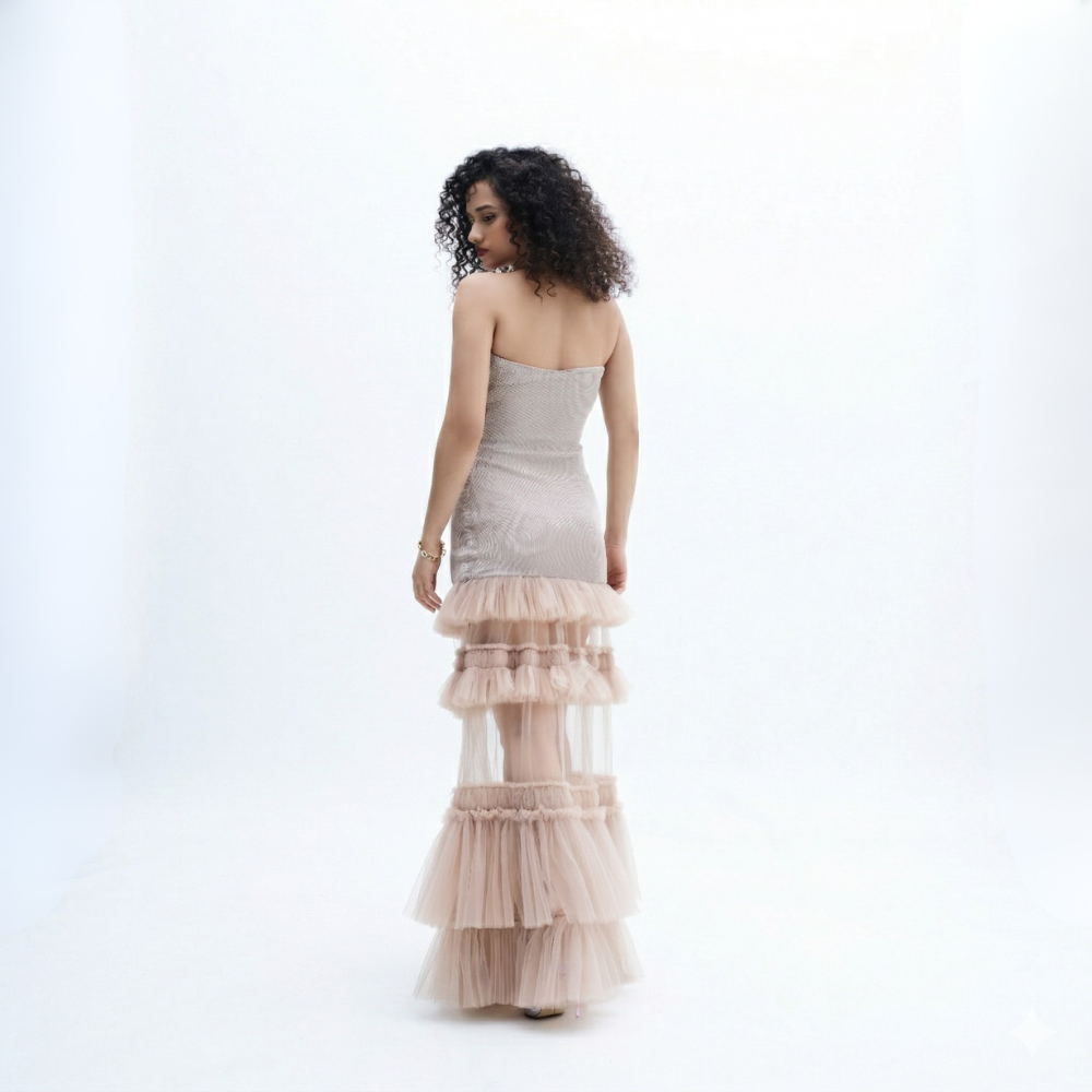 Shimmer tube dress with sheer ruffle detail, perfect for brunch and day outings. Shop online from our exclusive collection of premium styles.