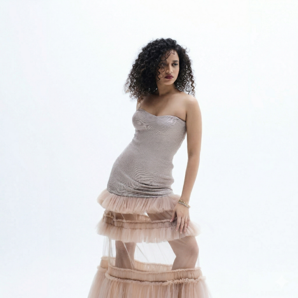 Shimmer tube dress with sheer ruffle detail, perfect for brunch and day outings. Shop online from our exclusive collection of premium styles.