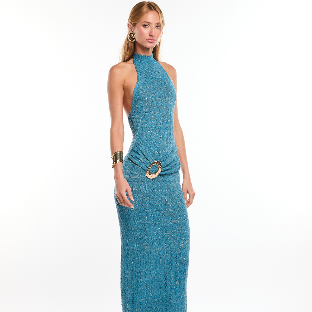 Shop the Ceci Knit Dress at TLM, featuring a halter neckline, fitted silhouette and metal buckle belt. Explore luxury fashion on The Luxe Maison website.