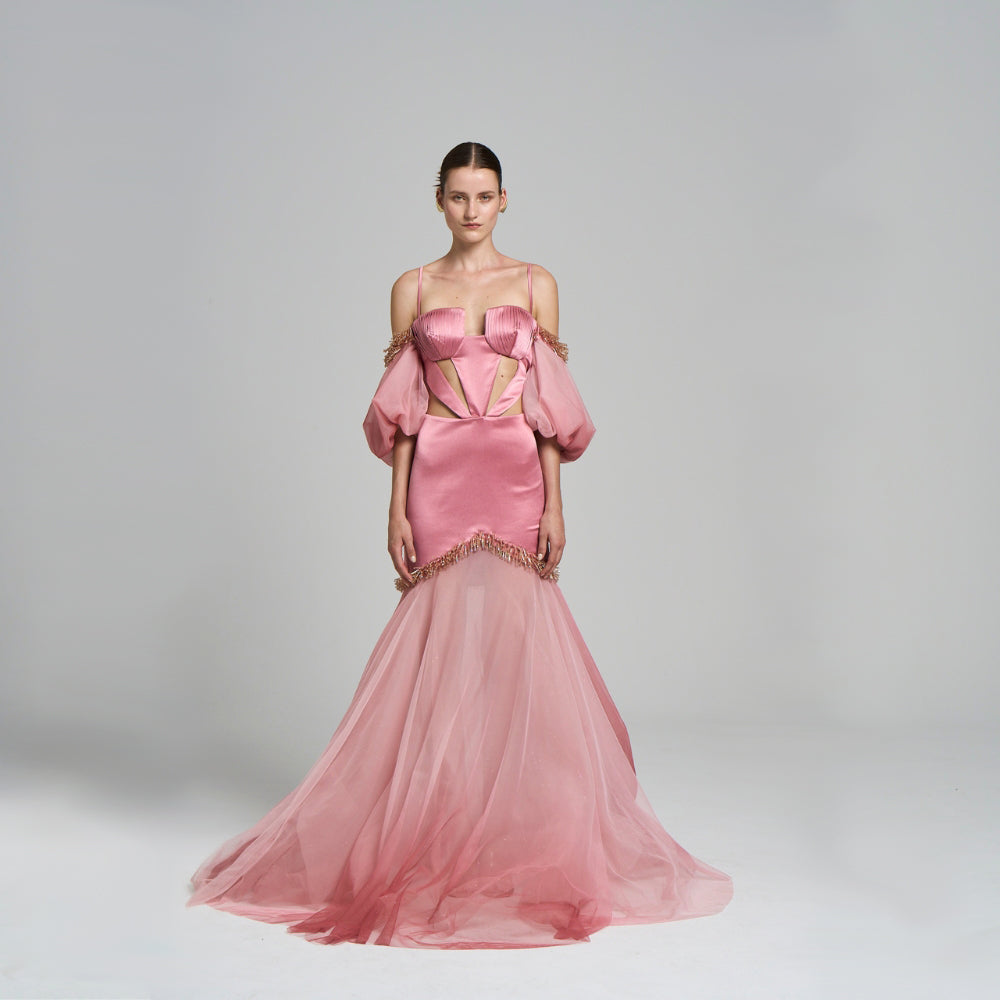 Maxi Evening Dress .Cut-out detail .Handwork detailed .Pleated .Detachable arm .Satin fabric .Maxi size