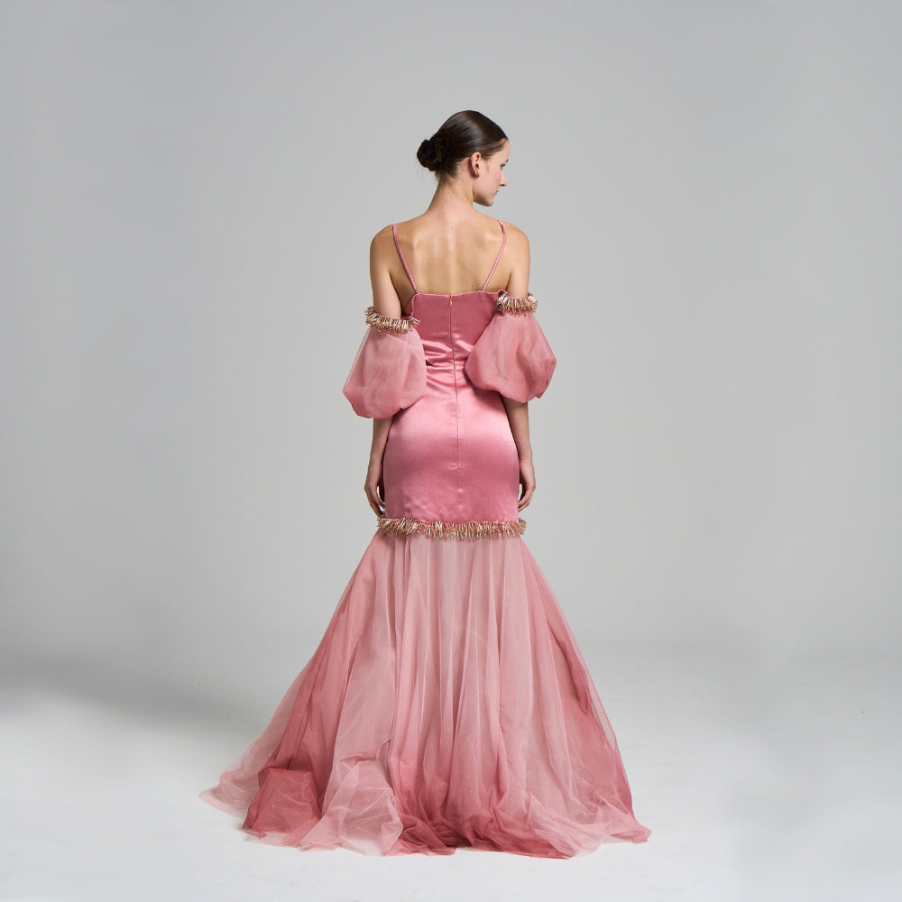 Maxi Evening Dress .Cut-out detail .Handwork detailed .Pleated .Detachable arm .Satin fabric .Maxi size