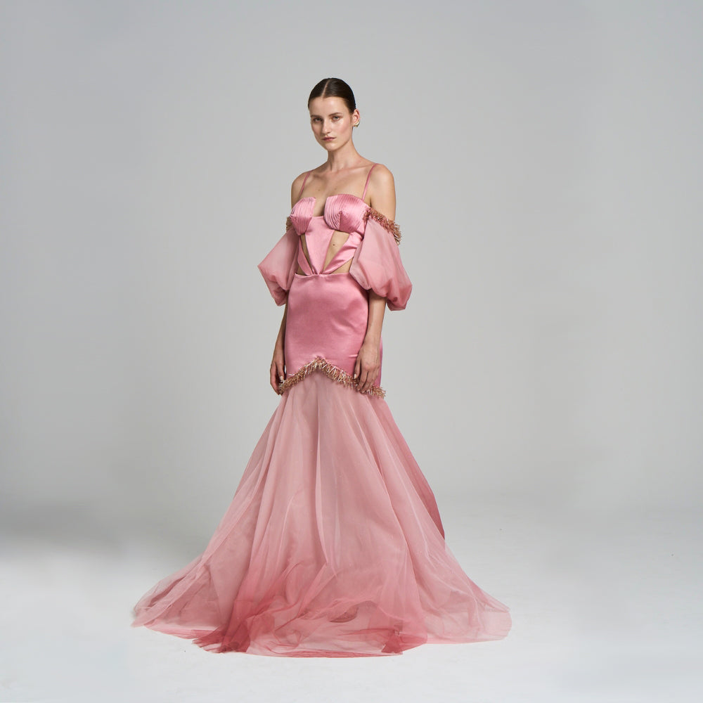 Maxi Evening Dress .Cut-out detail .Handwork detailed .Pleated .Detachable arm .Satin fabric .Maxi size