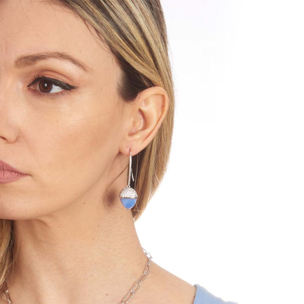Shop online premium rhodium plated hook dangler earrings with chalcedony pyramidal crystal and sparkling cubic zirconia accents for elegant styling.