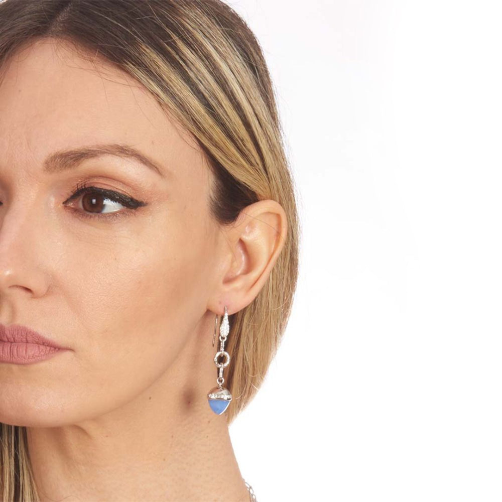 Shop online premium rhodium plated hook dangler earrings with chalcedony pyramidal crystal and sparkling cubic zirconia accents for elegant styling.