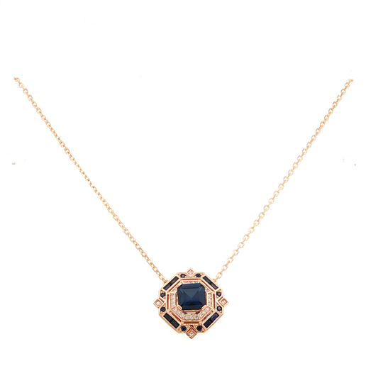 Shop online premium 18K gold-dipped blue sapphire necklace with cubic zirconia stones.