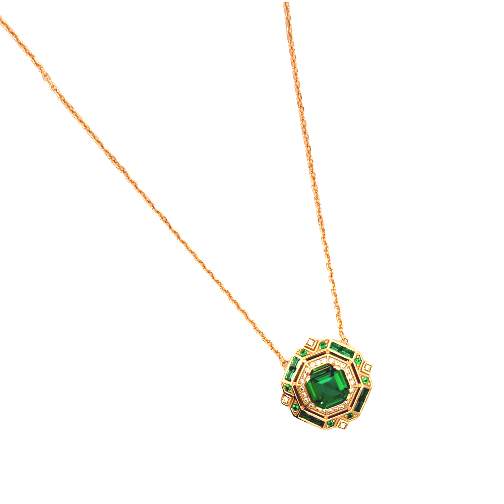 Shop online premium 18K gold-dipped emerald necklace with sparkling cubic zirconia stones.