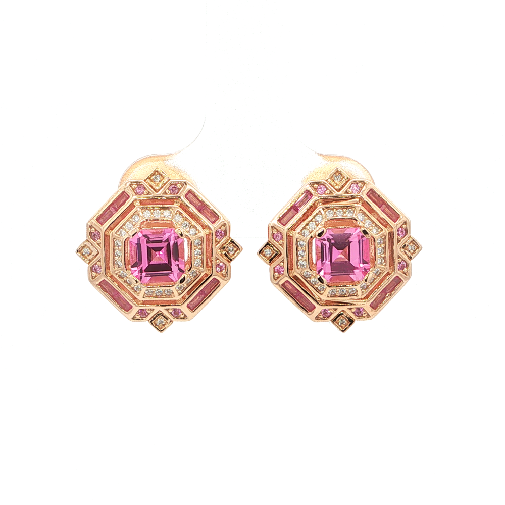 Shop premium 18K gold-dipped sterling silver pink sapphire stud earrings with lab-created pink sapphire and sparkling cubic zirconia stones.