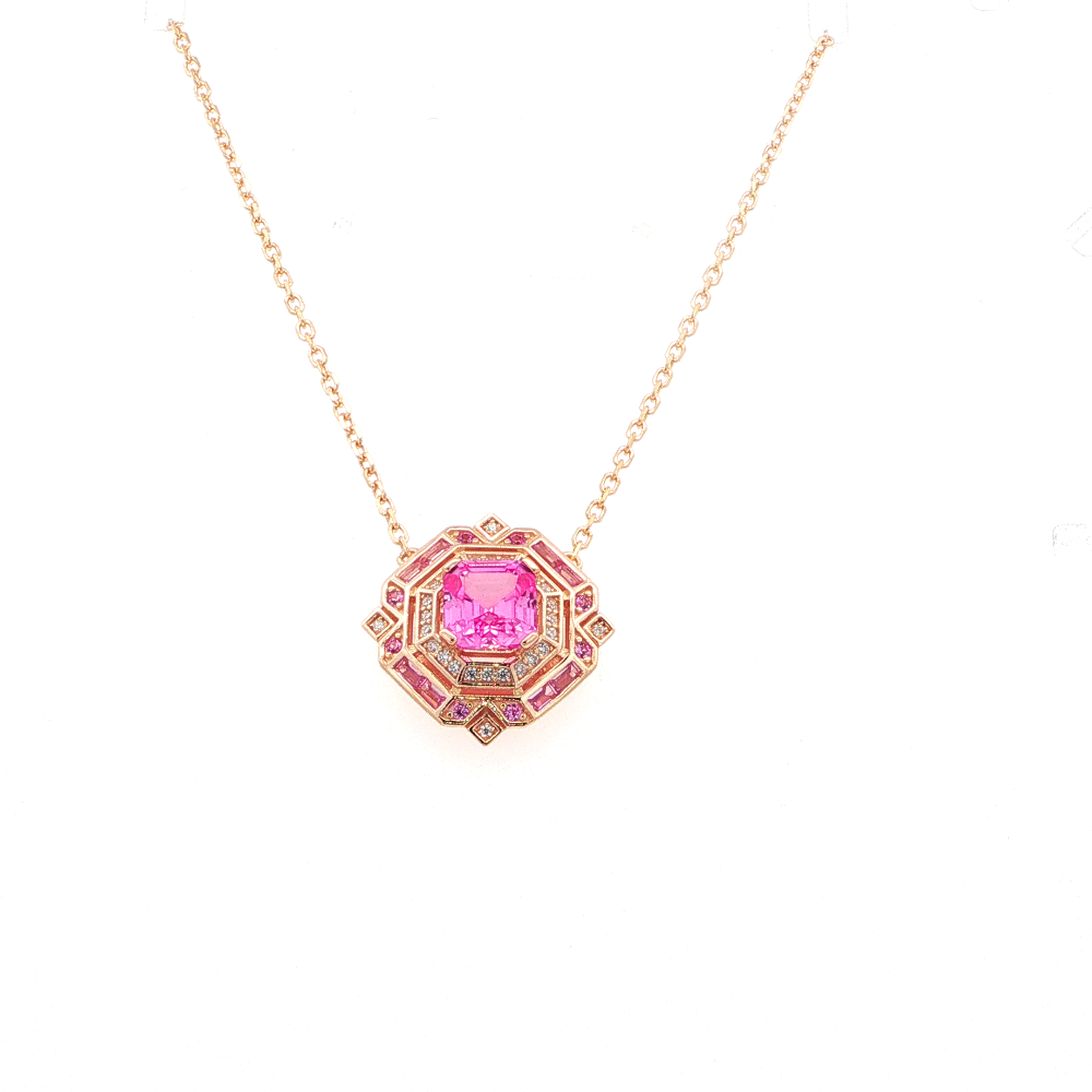 Shop online premium 18K gold-dipped pink sapphire necklace with cubic zirconia stones.