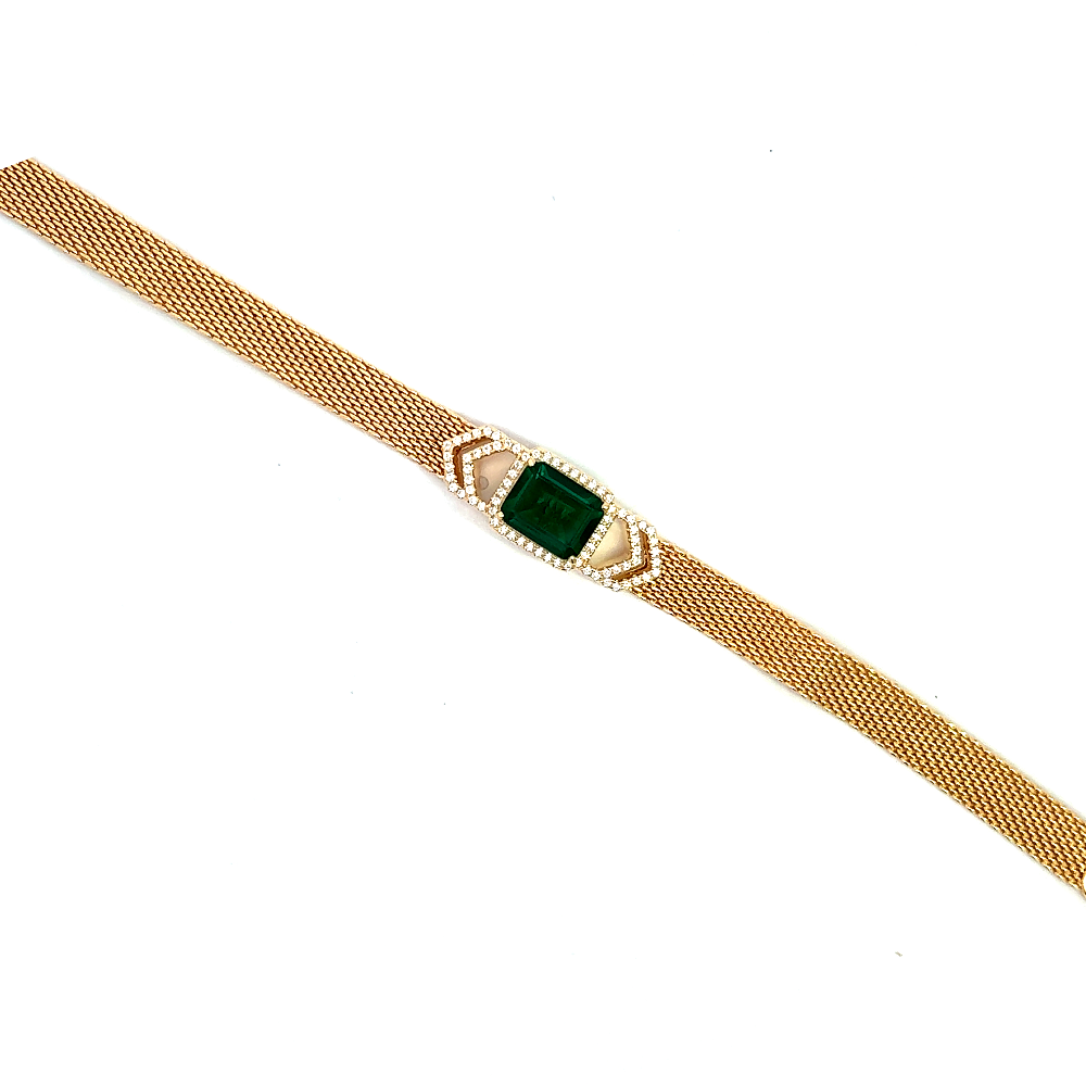 Sterling silver 18k gold-dipped watch-style net bracelet with a lab-created emerald centerpiece and sparkling cubic zirconia accents. Shop premium jewelry online.
