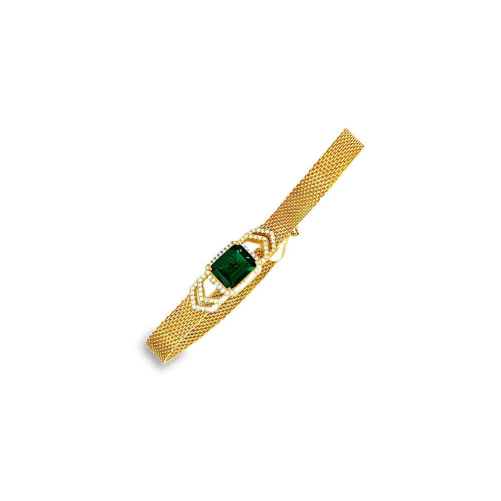 Sterling silver 18k gold-dipped watch-style net bracelet with a lab-created emerald centerpiece and sparkling cubic zirconia accents. Shop premium jewelry online.