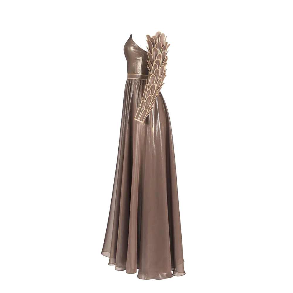 A corseted bronze chiffon dress with armor sleeves in three dimensional hand-crafted plumes.