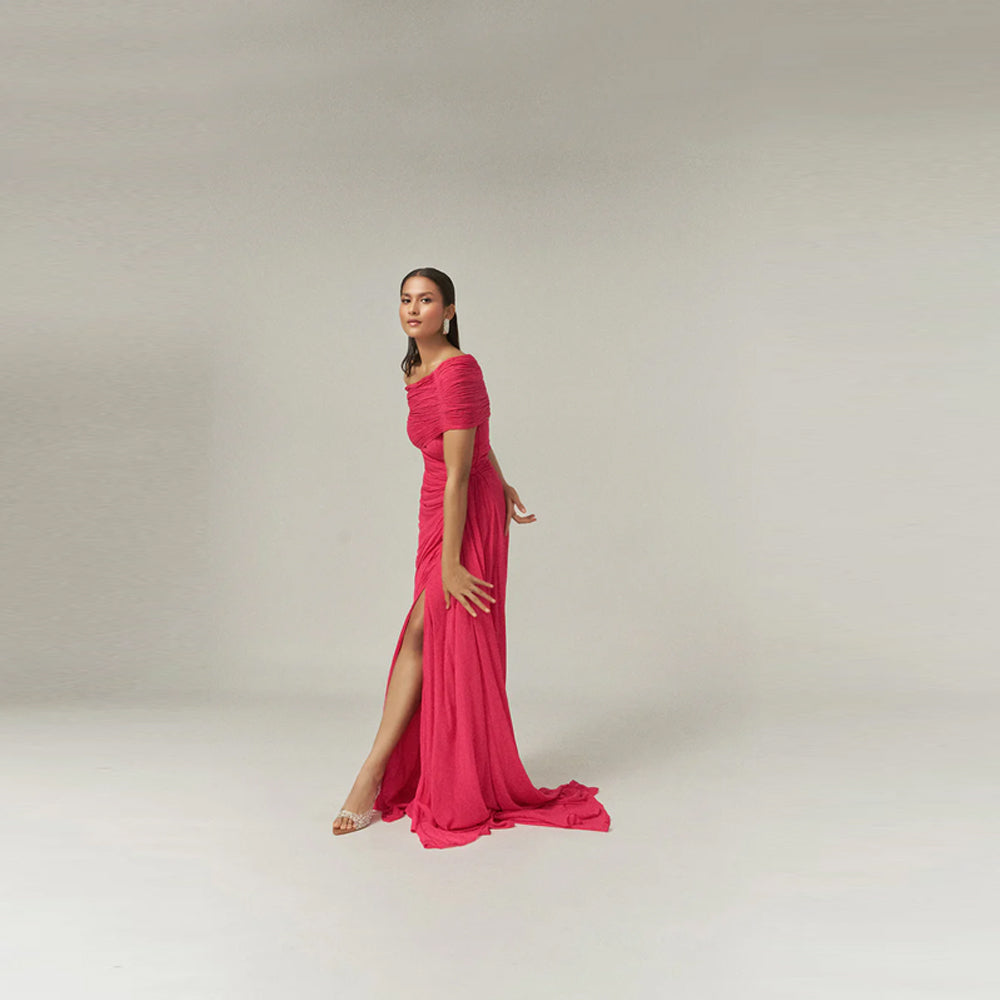 Pleated chiffon dress with one shoulder and slit, perfect for brunch and events. Shop online from our curated edit of premium fashion.