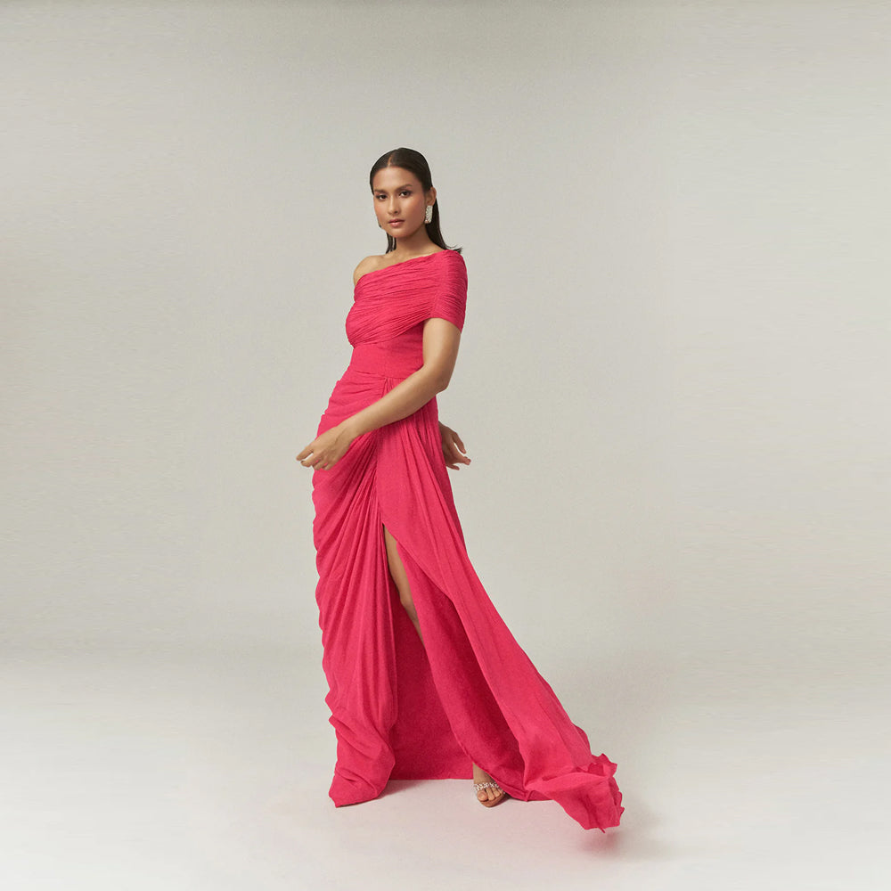 Pleated chiffon dress with one shoulder and slit, perfect for brunch and events. Shop online from our curated edit of premium fashion.