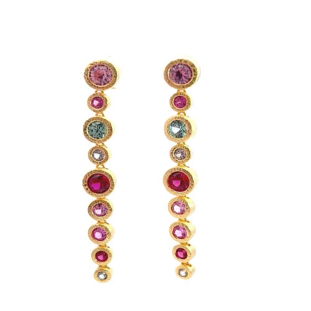 Shop online premium 18K gold shoulder duster earrings with ruby and sapphire gemstones.