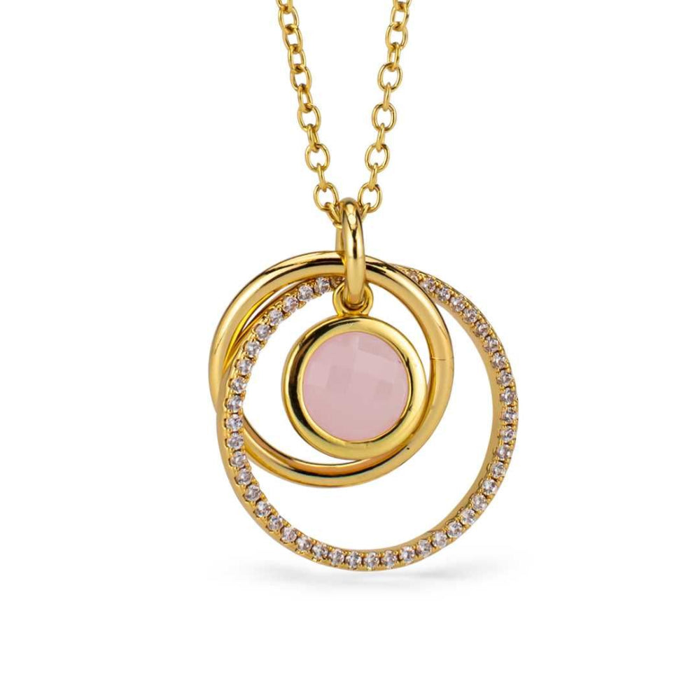 Shop online premium gold necklace with pink quartz circles and sparkling cubic zirconia accents.
