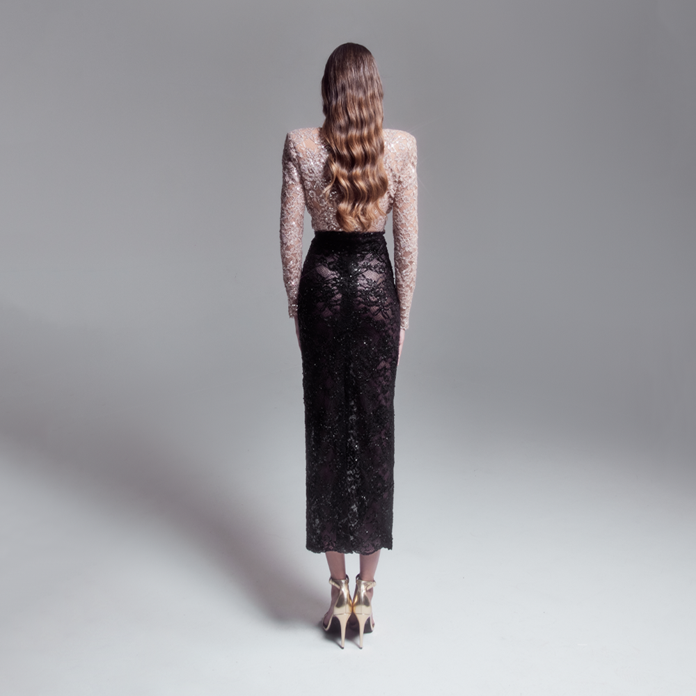 Corded lace midi dress, embellished with sequins and beads.