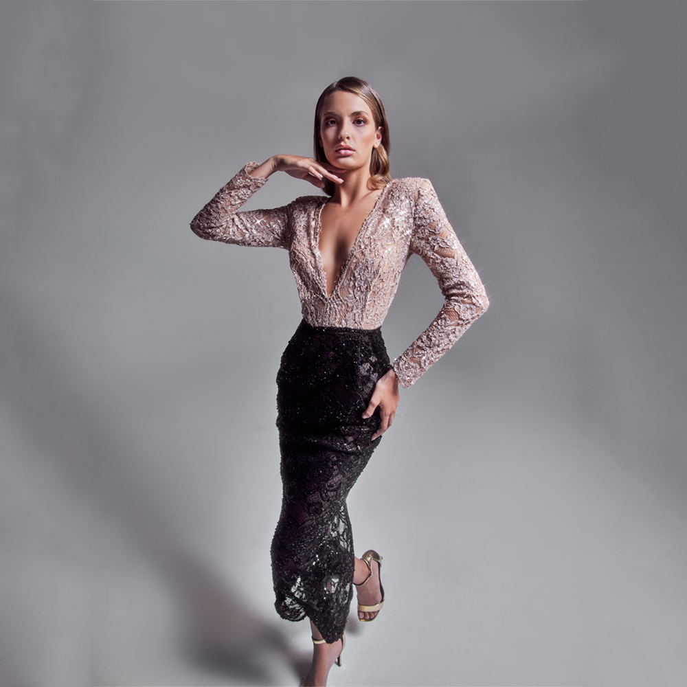 Corded lace midi dress, embellished with sequins and beads.