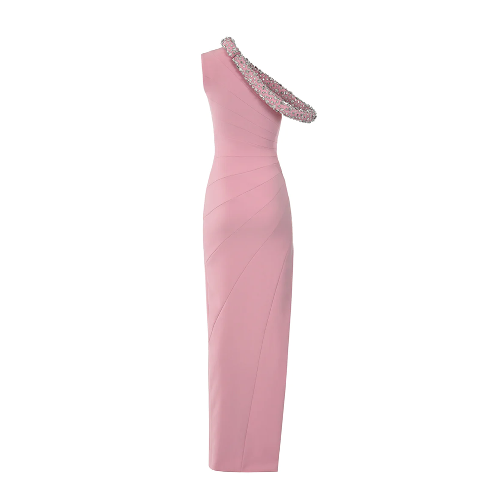 An asymmetrical pink crepe dress, with a crystal embroidered neckline and a thigh-high side slit.