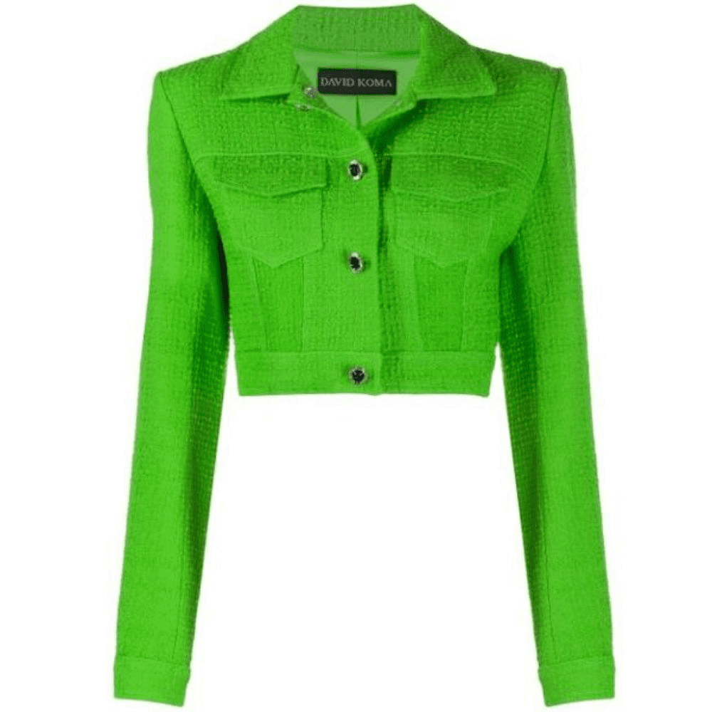 David koma boucle knit cropped jacket. Long sleeves crystal embellished buttons and tow chest flap pockets.