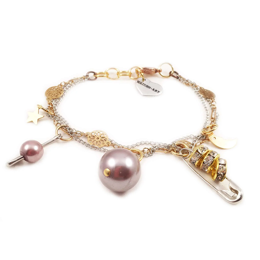 Handmade safety pins, crystals and pearls bracelet with hand varnished, hypo-allergenic, made with love.