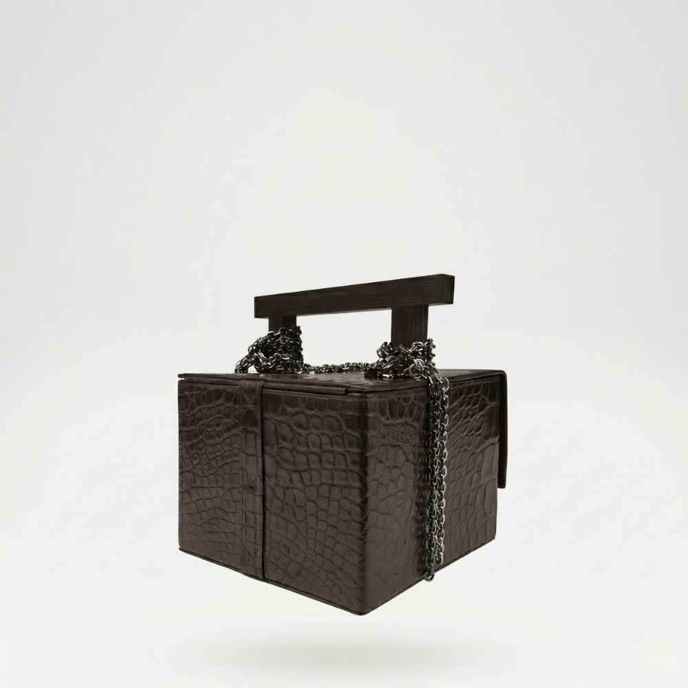 Croc leather handbag with chain handles and flap closure, pre order item. Shop online from our curated edit of premium fashion.