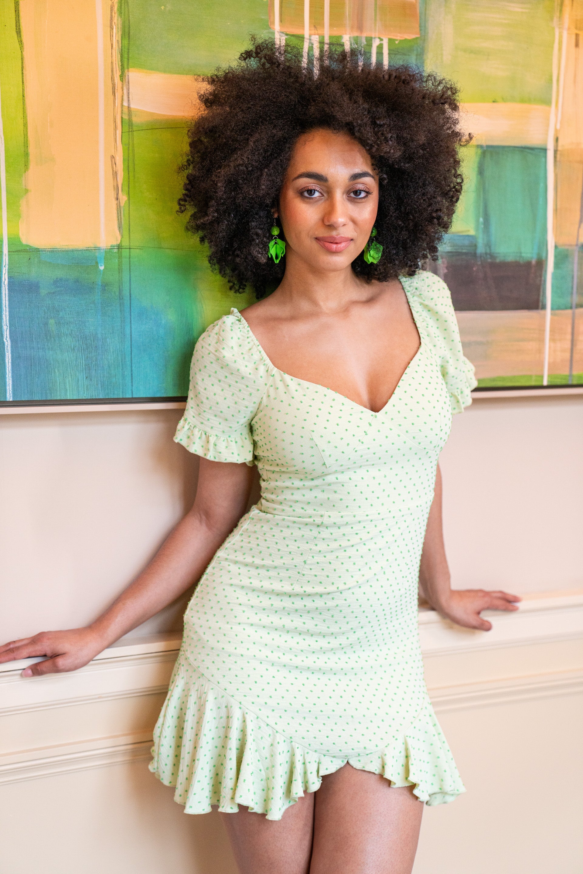 Women’s Mini Dress, Green Polka Dot Frill Detail with Angel Sleeves