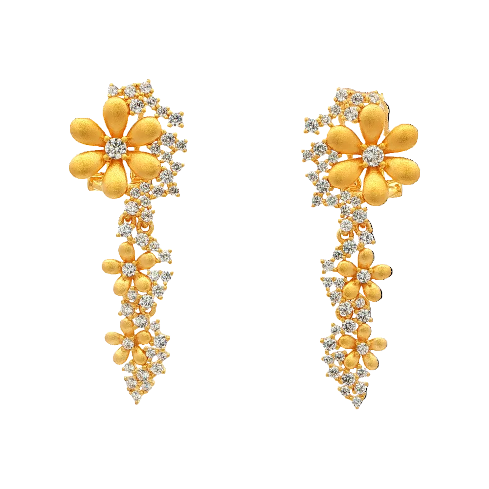 Shop online premium 18K gold floral long earrings with sparkling cubic zirconia stones.