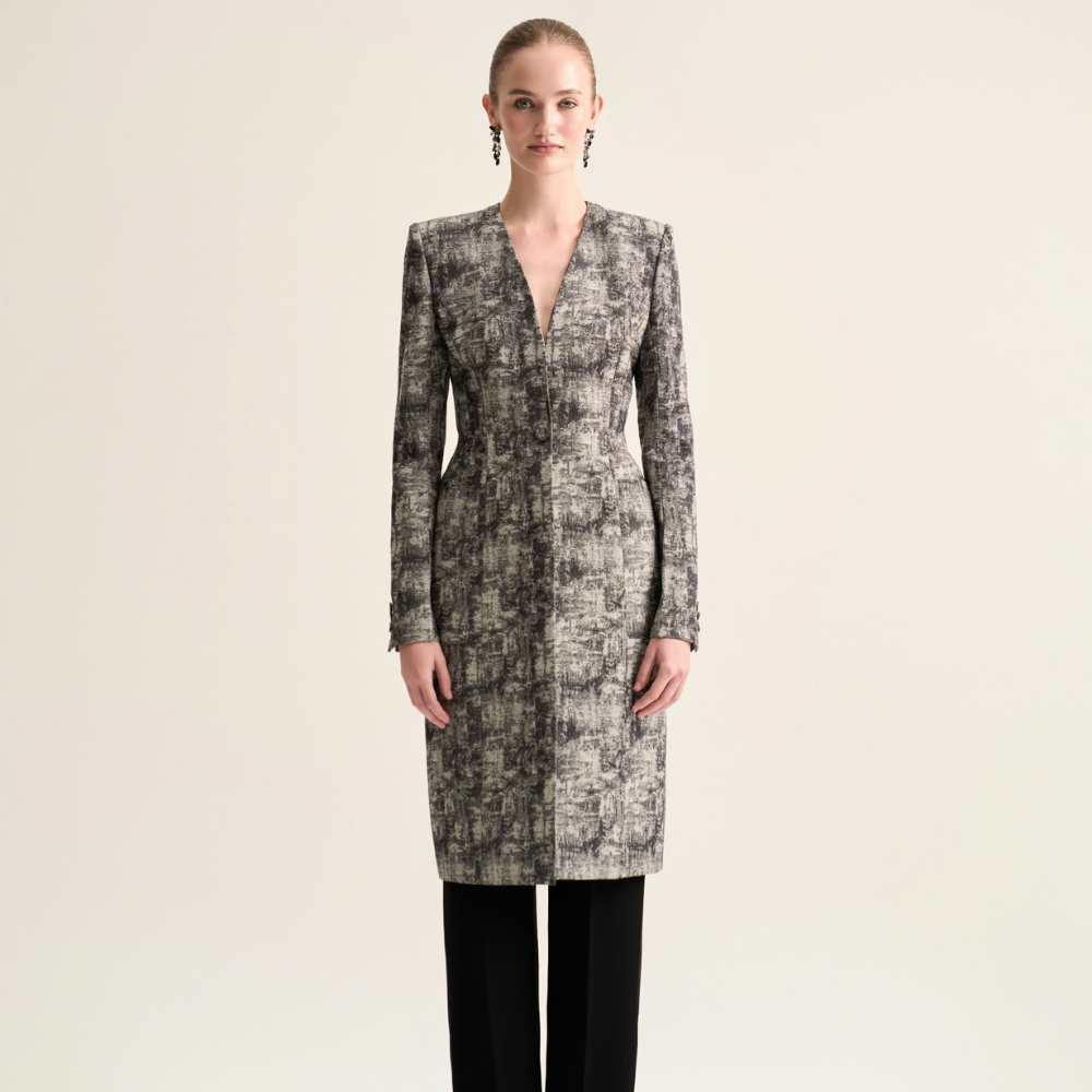Shop Dawn V Neck Coat at studio clothing shop in cotton jacquard. Shop Now!