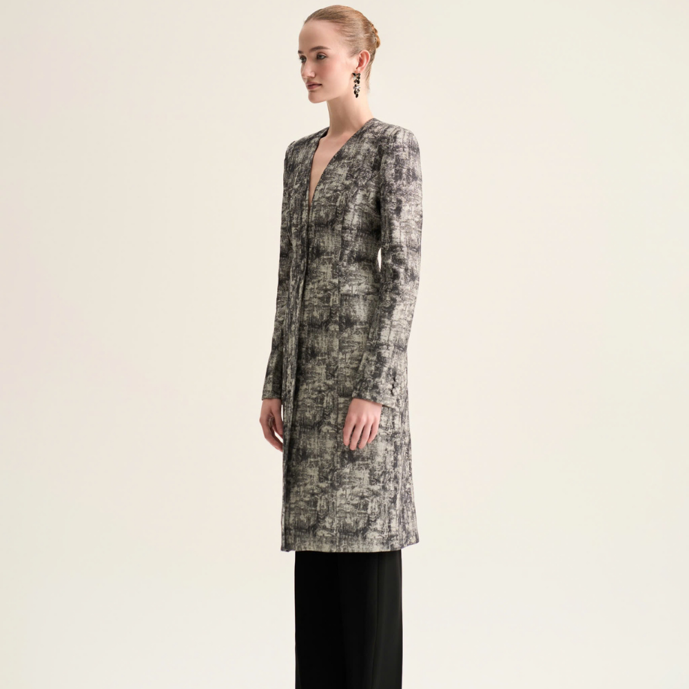 Shop Dawn V Neck Coat at studio clothing shop in cotton jacquard. Shop Now!