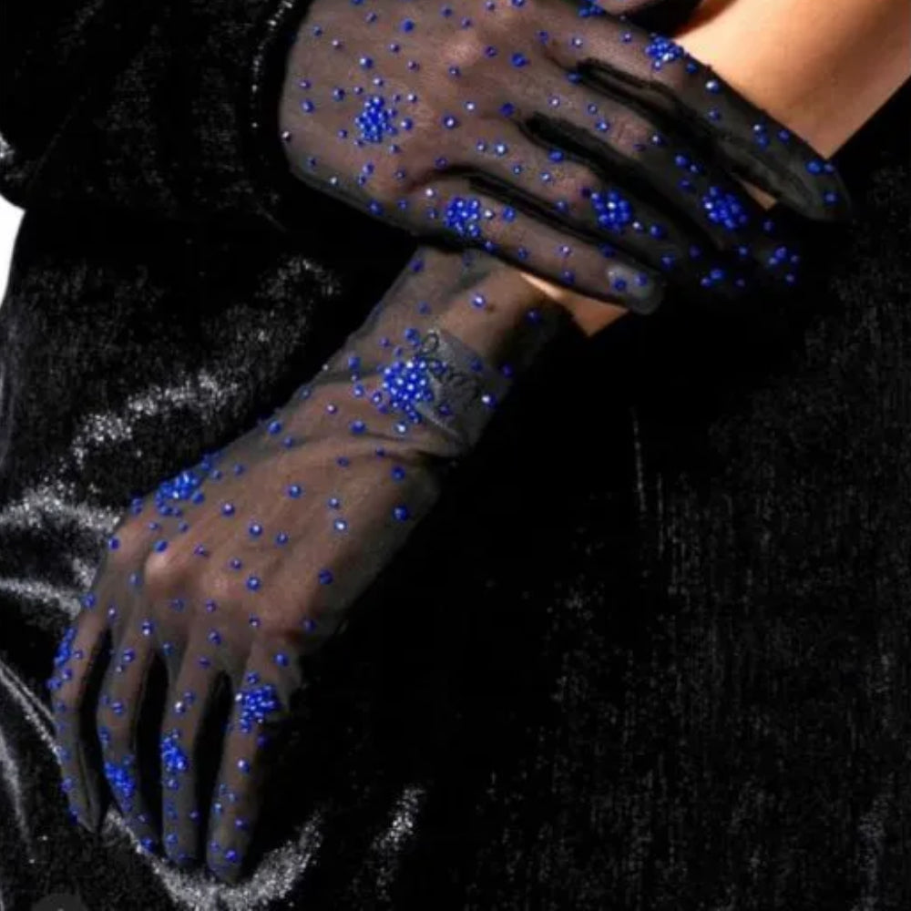 Black gloves with crystal from stretch net with salute of deep blue crystals. Perfect party wear.