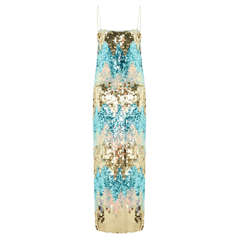Shop online from our exclusive website and discover the Dila Dress by Nana Gotti, featuring turquoise and gold sequins with a collarbone-baring silhouette for elegant statement style.