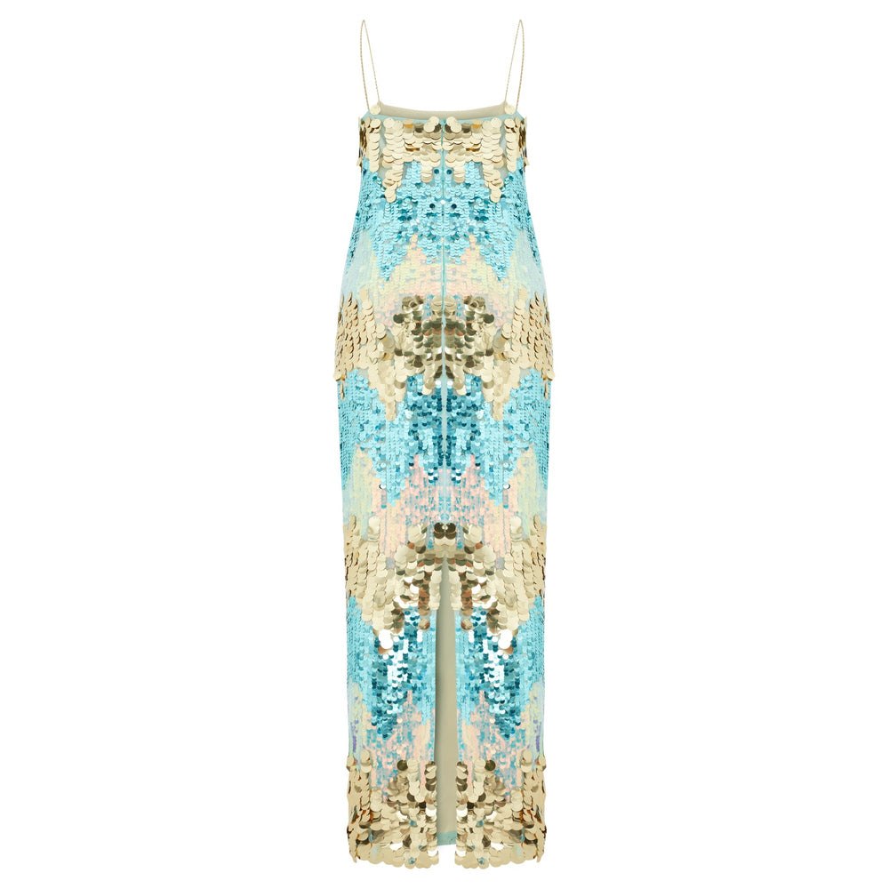 Shop online from our exclusive website and discover the Dila Dress by Nana Gotti, featuring turquoise and gold sequins with a collarbone-baring silhouette for elegant statement style.
