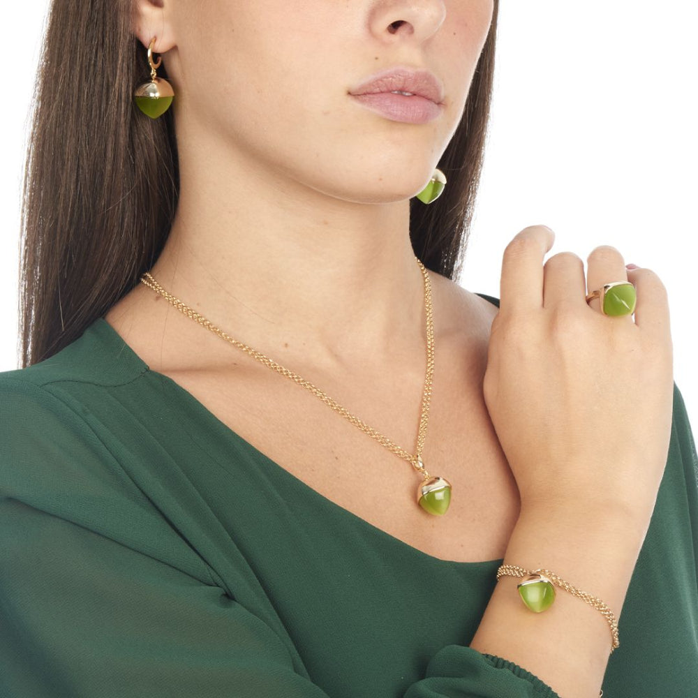 Elegant yellow gold plated double strand bracelet with an olive-colored pyramid crystal pendant and sparkling accents. Perfect for luxe everyday styling. Shop premium jewelry online.